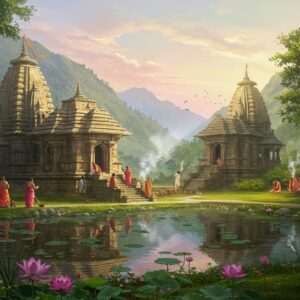 A serene Indian landscape depicting Itanagar's sacred sites, featuring a lush, green valley with ancient stone temples nestled among the hills. The temples are adorned with intricate carvings and surrounded by vibrant, blooming lotus flowers. In the foreground, a tranquil pond reflects the temples, with soft, ethereal light illuminating the scene. Indian devotees in traditional attire are seen offering prayers and lighting incense, creating a peaceful, spiritual ambiance. The sky is painted in pastel hues of pink and gold, with gentle sunlight casting a warm glow over the landscape. The art style should be a fusion of traditional Indian art forms and modern digital aesthetics, highlighting the spiritual significance and cultural heritage of Itanagar.