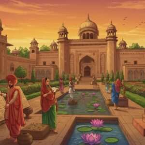 A vibrant scene of Jalandhar's cultural institutions, showcasing a grand museum facade with intricate Indian architectural elements, surrounded by lush gardens and peacock blue lotus ponds. In the foreground, Indian men and women in traditional attire interact with artifacts like ancient manuscripts and sculptures. The background features a serene sunset with hues of saffron, maroon, and gold, illuminating the scene. The atmosphere is harmonious and invites a sense of discovery and respect for heritage. The art style merges traditional Indian motifs with modern digital aesthetics, highlighting the richness of Jalandhar's cultural landscape.