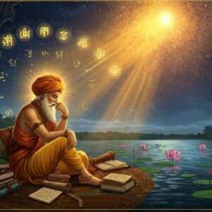 An intricately detailed illustration depicting an ancient Indian scholar, seated in a traditional posture amidst scrolls and manuscripts, immersed in deep thought. The scholar is surrounded by glowing, ethereal symbols and geometric patterns representing the Johiya logic system, with elements of gold, saffron, and peacock blue. The background features a serene landscape with lotus flowers and a calm water surface, adding a tranquil touch. The scene is illuminated by a soft, warm light emanating from a large, radiant mandala in the sky, symbolizing enlightenment and knowledge. The art style is a fusion of traditional Indian art forms and modern digital aesthetics, highlighting the blend of heritage and innovation.