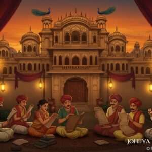 A vibrant scene depicting a regal Indian palace from the Johiya era, with intricate architectural details inspired by Madhubani and Pattachitra art styles. The palace is adorned with peacock motifs, gold accents, and maroon banners, set against a twilight sky in shades of saffron and deep blue. In the foreground, a group of Indian scholars in traditional attire are animatedly discussing scrolls and ancient texts, symbolizing the Johiya Legacy's impact on education and culture. The scene is illuminated by warm, glowing lights, creating a serene and ethereal atmosphere that blends traditional elegance with modern digital aesthetics.