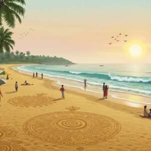 A serene and picturesque coastal scene showcasing the pristine beaches of Karnataka. The foreground features golden sands with intricate patterns reminiscent of traditional Indian art, bordered by gentle waves of azure blue sea. In the distance, a tranquil sunset bathes the sky in pastel hues of soft pink, pale orange, and warm gold. Palm trees gently sway in the breeze, their silhouettes providing a sense of calm and relaxation. A small group of Indian tourists, dressed in comfortable beachwear, are captured enjoying the scenic beauty, some lounging under beach umbrellas while others explore the shoreline. Include subtle motifs of lotus flowers and mandalas in the sand and water, symbolizing peace and spirituality. The overall composition should evoke a sense of paradise and adventure, enticing viewers to explore the coastal treasures of Karnataka. Art style should blend traditional Indian aesthetics with modern digital artistry for a captivating and inviting visual.
