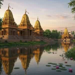 A captivating scene of Kibbanahalli in 2025, showcasing its breathtaking hidden temples nestled within lush greenery. The temple architecture reflects a fusion of traditional Indian elements and modern aesthetics, with intricate carvings and vibrant colors of gold, saffron, and maroon. The foreground features a serene lotus pond with floating blossoms, while a soft, ethereal glow illuminates the area, casting reflections on the calm water. The backdrop includes a glimpse of the village with contemporary yet culturally rich buildings, under a sky painted in pastel hues of dawn. The atmosphere is tranquil and inviting, capturing the essence of Kibbanahalli as a hidden gem waiting to be explored.