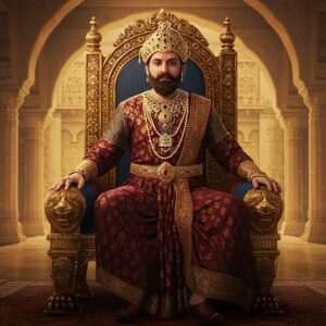 A regal portrait of King Kumarapala seated on a grand throne adorned with intricate carvings and surrounded by the opulence of the Chaulukya dynasty. His attire is a rich blend of traditional Indian royal garb, featuring deep maroon and gold robes with elaborate patterns reminiscent of Madhubani art. He is adorned with a crown embellished with jewels and symbols of the Jain religion, reflecting his religious inclinations. The background is a palatial setting with stylized architectural elements like arches and pillars that fuse ancient Indian and modern digital aesthetics. Warm, golden light bathes the scene, highlighting the grandeur and legacy of his rule. The overall atmosphere conveys nobility, wisdom, and a sense of timeless leadership.