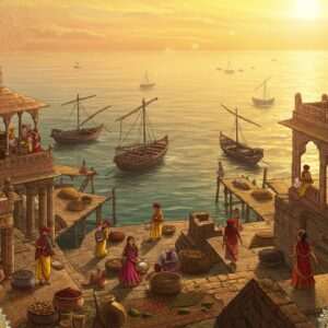 An aerial view of the ancient port town of Kuntasi, Gujarat, brought to life with a fusion of traditional Indian art forms and modern digital aesthetics. The scene depicts the remnants of ancient docks and trading vessels, intricately carved with patterns reminiscent of Madhubani art. In the foreground, artisans are depicted engaging in trade, adorned in traditional attire with vibrant colors of maroon, gold, and peacock blue. The background features an expansive sea with soft pastel waves, glowing under a warm, golden sunset. Ancient trade goods like spices and textiles are artistically scattered throughout, surrounded by ethereal glowing mandalas and lotus flowers, symbolizing cultural heritage. The overall atmosphere is serene and inviting, inviting readers to delve into the rich history and secrets of Kuntasi.