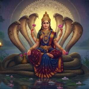 An ethereal scene depicting the serpent goddess Manasa, portrayed as a serene Indian woman with a golden aura. She sits gracefully on a lotus throne, surrounded by intricately detailed serpents coiled in protective stances. Her attire is an elaborate saree in peacock blue and maroon with gold accents, adorned with traditional jewelry. In one hand, she holds a lotus flower, while her other hand is raised in a blessing gesture. The background features a glowing mandala, its patterns echoing those of traditional Indian art. Soft pastel lights illuminate the scene, creating a harmonious blend of tranquility and divinity. The setting reflects a lush, verdant landscape with a calm water surface, enhancing the spiritual ambiance.