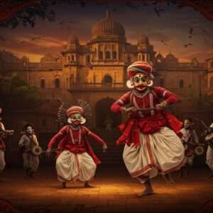 A vibrant and intricate depiction of a traditional Chhau dance performance in Mayurbhanj, set against the backdrop of a historic palace with rich architectural details. The dancers, adorned in colorful and elaborate costumes with masks, are captured mid-motion, showcasing their dynamic and powerful poses. Surrounding them are elements of tribal heritage, such as traditional musical instruments and local flora, set in a lush, verdant landscape. The color palette is deep and rich, featuring maroon, peacock blue, and gold, while intricate patterns reminiscent of Pattachitra art adorn the scene. The lighting is ethereal, casting a warm glow that highlights the cultural richness and vitality of Mayurbhanj's heritage. This composition balances traditional aesthetics with a modern digital art touch, inviting viewers into the captivating world of Mayurbhanj's cultural legacy.