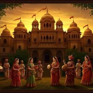 A majestic depiction of the Mayurbhanj Palace, adorned with intricate architectural details that reflect the grandeur of Odisha's heritage. The scene is set during the golden hour, with a warm, ethereal glow illuminating the palace and its surroundings. In the foreground, elegantly dressed Indian figures in traditional attire engage in cultural activities, showcasing the rich traditions and vibrant art forms of Mayurbhanj. The background features lush greenery and peacock motifs, symbolizing the region's connection to nature. The color palette includes deep maroon, peacock blue, and saffron, with elements of gold highlighting the opulence and historical significance of the dynasty. The overall composition is serene yet grand, inviting viewers to explore the legacy and beauty of Mayurbhanj State.