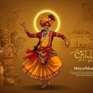 A captivating scene showcasing a traditional Chhau dancer from Mayurbhanj, adorned in a vibrant costume featuring intricate patterns and vivid colors like saffron, maroon, and peacock blue. The dancer is captured mid-performance, surrounded by a halo of golden light, emphasizing the ethereal and spiritual essence of the dance. In the background, elements of Mayurbhanj's cultural heritage are depicted, such as tribal crafts, motifs from local festivals, and a subtle hint of the historical Mayurbhanj palace. The art style merges traditional Indian aesthetics with modern digital techniques, creating a harmonious blend of heritage and innovation. The overall composition conveys a sense of movement, celebration, and cultural pride, inviting readers to delve into the rich legacy of Mayurbhanj.