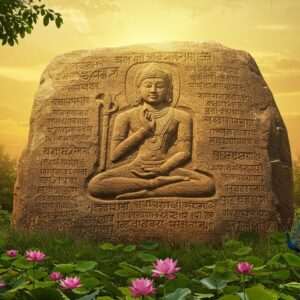 A majestic ancient rock surface etched with intricate carvings depicting Emperor Ashoka in a serene, contemplative pose, surrounded by his inscriptions in Brahmi script. The scene is bathed in a warm golden glow, highlighting the deep historical significance. Lush greenery envelops the rock, with delicate lotus flowers blooming at the base. The backdrop features a subtle blend of traditional Indian art motifs like mandalas and peacocks, seamlessly merging with a modern digital aesthetic. The overall tone is spiritual and enlightening, inviting viewers to delve deeper into the mysteries of these ancient edicts.
