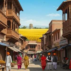 A vibrant depiction of Moron, Punjab, showcasing a bustling street scene with traditional Punjabi architecture featuring intricately carved wooden balconies and colorful facades. The foreground includes a lively local market with vendors selling fresh produce, spices, and textiles. People in traditional Punjabi attire, including men wearing turbans and women in colorful salwar kameez, engage in animated conversations. The backdrop features rolling fields of golden wheat under a clear blue sky, symbolizing the region's agrarian roots. The scene is enriched with cultural motifs like peacock feathers and phulkari patterns, integrated with modern digital aesthetics, capturing the essence of Moron's rich history and cultural heritage. The image should evoke a sense of warmth and community, inviting viewers to explore the town's unique traditions.
