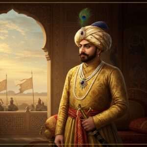 A regal and dignified portrait of Muzaffar Shah III, the last ruler of the Gujarat Sultanate. He stands in an opulent palace setting, adorned in an exquisite gold-embroidered robe with intricate patterns typical of the region. His turban is embellished with a peacock feather and a sparkling jewel. The background depicts a rich tapestry of Persian influence with motifs like elephants and stylized florals. The atmosphere conveys a sense of impending change, with a distant view of Mughal banners on the horizon, symbolizing the impending conquest. The lighting is dramatic, casting a warm, golden hue that highlights the intricate details of his attire and the grandeur of his surroundings. The art style should blend traditional Indian miniature painting with modern digital realism to create an engaging visual narrative.