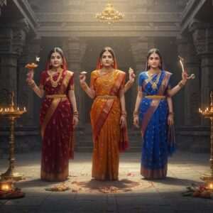 In a serene and ethereal setting, depict three mystical Indian Goddesses (Devis) from the Khandesh region of Maharashtra. They stand majestically within an ancient temple courtyard, their presence exuding a divine aura. Each Devi is adorned with traditional Maharashtrian jewelry and vibrant sarees in colors of maroon, saffron, and peacock blue. The scene features intricate patterns and motifs inspired by Madhubani and Pattachitra art, including lotus flowers and mandalas. A soft, glowing light envelops the Devis, highlighting their serene expressions and spiritual poise. Surrounding them are elements of the local culture, such as traditional lamps and floral garlands. The backdrop shows the temple's intricately carved stone pillars and archways, emphasizing the region's rich heritage. The overall atmosphere is one of tranquility and reverence, inviting viewers to explore the spiritual legacy of Khandesh.