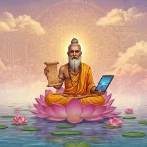 A vibrant, surreal scene depicting a modern Indian sage seated on a lotus flower in a tranquil water setting, surrounded by glowing mandalas and soft pastel clouds. The sage, with a serene expression, holds an ancient scroll in one hand and a futuristic digital tablet in the other, symbolizing the blend of tradition and innovation. In the background, intricate patterns merge with digital circuits, representing the convergence of past and future. The color palette includes warm golds, peacock blue, and soft pink hues. The atmosphere is ethereal and spiritual, inviting the viewer into a world of contemplation and insight.