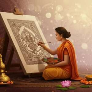 A serene scene depicting an Indian artist, clad in traditional attire, skillfully painting a Pattachitra art piece. The canvas features intricate patterns and cultural motifs, with rich colors like maroon, gold, and peacock blue. In the background, a blend of modern digital aesthetics is showcased through subtle glowing lights and ethereal pastel hues. The setting is tranquil, with elements of lotus flowers and mandalas subtly incorporated into the scene. The overall tone is harmonious, emphasizing the timeless beauty and relevance of Pattachitra art in today's world. The art style should merge traditional techniques with a contemporary touch, capturing the essence of cultural heritage and innovation.