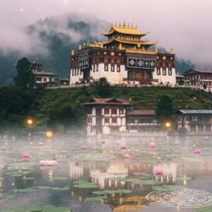 The image features the Pemayangtse Monastery in Sikkim, India, perched atop a lush, green hill, surrounded by misty clouds that create an ethereal atmosphere. The monastery's intricate traditional architecture is highlighted, showcasing its vibrant colors like deep maroon, gold, and saffron. The foreground includes delicate mandalas and lotus flowers, gently floating in a serene water surface that reflects the monastery's grandeur. Soft, pastel colors dominate the palette, with glowing lights adding to the mystical allure. The scene conveys a sense of peace, history, and spiritual depth, inviting the viewer to explore the rich cultural heritage of this ancient site.