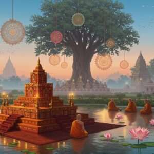 A serene, ethereal scene of Bodh Gaya, capturing the historical essence and spiritual significance of the Pithipatis. In the foreground, an intricately designed Pithipati altar adorned with vibrant maroon and saffron patterns, featuring gold accents. Surrounding the altar, a tranquil garden with stylized lotus flowers and calm water surfaces reflecting soft pastel hues of pale pink and warm gold. In the background, a majestic Bodhi tree with glowing mandalas hanging like lanterns from its branches. The sky is painted in a gentle twilight, with peacock blue tones blending into the horizon. Subtle silhouettes of Buddhist monks in traditional robes can be seen meditating peacefully, highlighting a sense of mindfulness and tranquility. The art style is a fusion of traditional Indian aesthetics with modern digital artistry, emphasizing harmony and spiritual serenity.