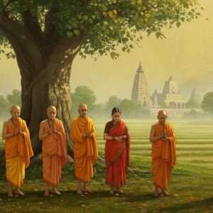 In the mystical landscape of Bodh Gaya, a group of wise and revered Pithipatis stands solemnly under the shade of an ancient Bodhi tree. They are depicted as elderly Indian men and women in traditional attire, their expressions serene and contemplative. The scene is bathed in a soft, ethereal glow with a palette of warm golds and muted greens. Around them are intricate patterns inspired by Madhubani art, blending seamlessly into the background. In the distance, the iconic Mahabodhi Temple is visible, enveloped in a gentle mist, symbolizing the spiritual heritage they safeguard. The overall atmosphere exudes tranquility and reverence, capturing the essence of their role as guardians.