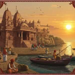 A vibrant and immersive scene of Porbandar's coastal heritage, featuring the iconic Sudama Temple with its intricate carvings and a panoramic view of the Arabian Sea in the background. Traditional Gujarati architecture is depicted with detailed patterns inspired by Madhubani and Pattachitra art styles, blending seamlessly with modern digital aesthetics. The color palette includes rich hues of maroon, saffron, and peacock blue. In the foreground, local fishermen are seen in colorful dhotis and turbans, attending to their boats adorned with traditional motifs. The scene is illuminated by the warm glow of a setting sun, casting a serene light over the water. Elements like peacocks and lotus flowers subtly integrated into the patterns, enhancing the cultural richness. The overall tone is ethereal and captivating, inviting viewers into a journey through Porbandar's heritage.