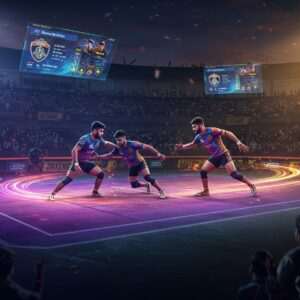 A dynamic, high-energy scene depicting a futuristic Pro Kabaddi match set in 2025. The stadium is packed with cheering fans, under a vibrant night sky illuminated by advanced holographic displays showing team logos and player stats. On the field, two Indian kabaddi players in sleek, modern uniforms are locked in an intense raid, showcasing agility and strength. The players are surrounded by a digital aura, highlighting their movements with trails of light. The arena features neon accents and cutting-edge technology, blending traditional elements with futuristic design. The color palette includes deep blues, electric purples, and glowing golds to emphasize excitement and innovation. The overall atmosphere conveys anticipation and the evolution of the sport.