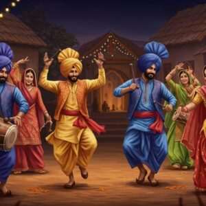 A lively scene depicting a group of Indian men and women performing Punjabi folk dances. The men, dressed in vibrant turbans and traditional kurtas in bold colors like bright red, royal blue, and sunshine yellow, energetically perform Bhangra with dhols and swirling movements. The women, in colorful salwar kameez with intricate embroidery, gracefully perform Giddha with expressive hand gestures and joyous expressions. The background is a festive village setting, adorned with string lights and traditional Punjabi decorations. The art style blends traditional Indian motifs with a modern digital aesthetic, using deep and rich colors. The image exudes energy, joy, and cultural vibrancy, capturing the essence of Punjabi celebrations.