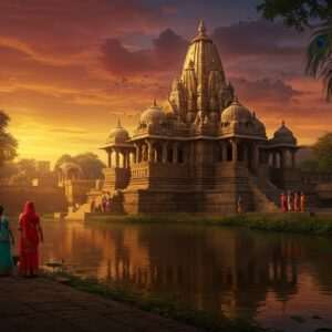 A breathtaking depiction of Rajgarh's historic sites, showcasing an ancient temple with intricately carved pillars and arches, illuminated by the warm glow of the setting sun. In the foreground, a serene river reflects the temple's majestic architecture, surrounded by lush greenery. A group of Indian travelers in vibrant, traditional attire are seen exploring the site with awe and curiosity. The scene is adorned with cultural motifs like peacock feathers and lotus flowers, blending traditional Indian art forms with modern digital aesthetics. The sky is a blend of maroon, saffron, and peacock blue hues, emphasizing the rich history and mystery of Rajgarh. The overall tone is both inviting and mystical, capturing the essence of a hidden gem waiting to be explored.