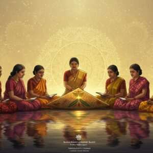 A serene, ethereal digital painting showcasing a group of Indian women writers from Assam in 2025, gathered around a traditional Assamese Japi (bamboo hat), symbolizing their unity and cultural heritage. They are dressed in modern yet traditionally inspired Mekhela Chadors with intricate patterns in maroon, saffron, and peacock blue. The background features a digitally rendered surreal landscape with glowing mandalas and serene water reflections, emphasizing tranquility and wisdom. The scene is bathed in soft, warm golden light, highlighting the women's expressions of thoughtful engagement and creativity. The composition blends traditional Assamese motifs with contemporary digital aesthetics, capturing the spirit of Sadou Asom Lekhika Samaroh Samiti's legacy and future direction.