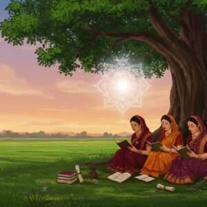 A serene Assamese landscape with a group of three Indian women, dressed in traditional Mekhela Chadors in deep maroon, saffron, and peacock blue, seated under a large ancient banyan tree. They are engrossed in reading and writing, surrounded by scrolls and books, with intricate Assamese patterns subtly engraved on their attire. The background features lush green fields and a distant view of the Brahmaputra River, under a pastel-hued sky during sunset. A glowing mandala floats above them, symbolizing the spiritual and literary journey. The scene is infused with tranquility and inspiration, capturing the essence of storytelling and literary exploration in Assamese culture. The art style is a blend of traditional Assamese motifs with modern digital aesthetics, emphasizing heritage and innovation.