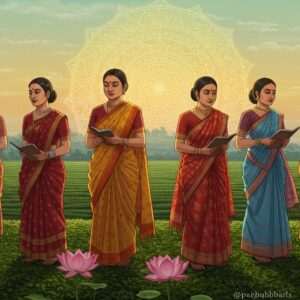 A serene and ethereal scene featuring a group of Indian women dressed in elegant traditional Assamese Mekhela Chadors, in shades of rich maroon, saffron, and peacock blue, standing gracefully in a lush green landscape reminiscent of Assam's tea gardens. They are surrounded by intricate patterns of Assamese motifs like Jaapi and Gamosa. In the background, a large, glowing mandala with soft pastel hues illuminates the sky, casting a warm golden light over the scene. The women's expressions reflect wisdom and serenity as they hold ancient manuscripts and quills, symbolizing their literary contributions. Lotus flowers bloom at their feet, adding to the spiritual and cultural ambiance. The art style is a blend of Madhubani and modern digital aesthetics, capturing the essence of tradition and innovation.