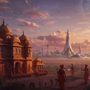 A breathtaking landscape of Sandur State in 2025, where ancient architecture meets modern innovation. In the foreground, a regal palace with intricate carvings and traditional Indian motifs is juxtaposed with sleek, futuristic structures. Rich, deep colors like gold and maroon dominate the scene, with peacock blue accents. The sky is adorned with stylized mandalas and ethereal pastel clouds. Traditional elements like lotus flowers and spiritual symbols blend seamlessly with contemporary digital aesthetics. Indian figures in traditional attire interact harmoniously with the modern environment, symbolizing a legacy that embraces both heritage and progress. The atmosphere is serene and captivating, inviting the viewer to explore the rich cultural heritage of Sandur State.