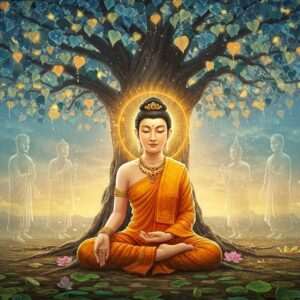 A serene depiction of Sanghamitta, a prominent figure in Buddhist history, adorned in traditional Buddhist attire with subtle golden and saffron hues. She is surrounded by an ethereal aura, symbolizing enlightenment, and is sitting gracefully under a Bodhi tree with delicate, glowing leaves. Her lineage is symbolized by a series of translucent ancestral figures in the background, each fading into the next, creating a sense of continuity and history. The scene is illuminated by a soft, warm light, with gentle pastel tones of blue and pink, highlighting the tranquil atmosphere. Cultural motifs like lotus flowers and intricate mandalas subtly enhance the background, ensuring a blend of traditional and modern digital aesthetics. The image captures spirituality, wisdom, and a deep connection to heritage.