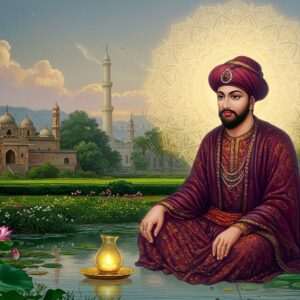 A serene and ethereal digital artwork depicting the revered Sufi saint Shah Rukn-e-Alam seated gracefully amidst a tranquil garden. He is portrayed wearing traditional attire with intricate patterns reflecting Mughal influences, in rich, deep colors of maroon and peacock blue. Around him, a glowing mandala gently illuminates the scene, casting soft pastel lights of warm gold and pale pink. In the background, a blend of ancient architecture and modern skyline symbolizes the fusion of his timeless teachings with contemporary relevance. Lush greenery, lotus flowers, and calm water surfaces enhance the serene and spiritual ambiance, inviting viewers into a realm of peace and introspection.
