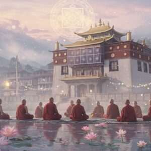 A serene, ethereal scene depicting the Tashiding Monastery nestled among the mist-covered hills of Sikkim, India. The architecture is intricately detailed with traditional Tibetan Buddhist elements, including prayer flags fluttering gently in the breeze. In the foreground, a group of Indian monks in vibrant saffron and maroon robes are seen meditating in harmony, surrounded by soft glowing lights and a pastel color palette of soft blue, pale pink, and warm gold. Lotus flowers float on a calm water surface nearby, and a golden mandala subtly illuminates the sky above. The scene captures the mystical and spiritual essence of the monastery, inviting viewers into its ancient legends and enduring legacy. The art style should be hyperrealistic with a touch of digital fantasy, highlighting the tranquility and cultural depth of this sacred place.