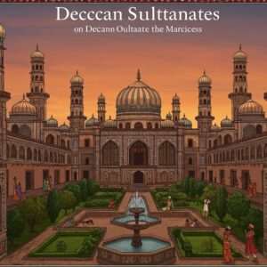 A vibrant, intricate depiction of the Deccan Sultanates' architectural marvels, showcasing a grand palace with majestic domes and minarets, adorned with exquisite Persian and Indian motifs. The scene is set at dusk, with a sky painted in soft hues of orange and pink, casting a warm glow over the architecture. Lush gardens with ornate fountains surround the palace, highlighting the blend of Persian and Indian garden design. Intricate patterns inspired by traditional Indian art forms like Madhubani and Pattachitra are subtly integrated into the modern digital aesthetic, using rich colors such as maroon, peacock blue, and gold. Indian figures in traditional attire are seen appreciating the architecture, emphasizing cultural reverence and historical legacy. The overall tone is serene and ethereal, capturing the essence of the Deccan Sultanates' influence on art and architecture.