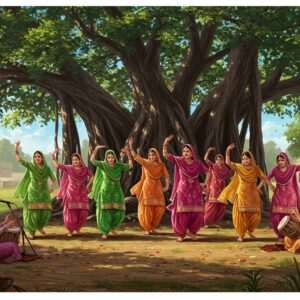A vibrant and lively scene depicting a group of Indian women dressed in colorful, traditional Punjabi attire, dancing joyfully in a circle under the shade of a large, ancient banyan tree. They wear bright salwar kameez in shades of pink, green, and orange, adorned with intricate embroidery and mirror work. Their wrists are covered in bangles, and their movements are graceful and energetic, capturing the essence of Gidha dance. The background is a lush, green village setting with a clear blue sky and soft sunlight filtering through the tree leaves. In the foreground, a small group of women is seated, singing Boliyan and clapping in rhythm. The scene is infused with a sense of celebration and community, with traditional motifs subtly integrated into the composition. The art style merges traditional Indian art forms with modern digital aesthetics, using deep colors and intricate patterns to evoke cultural richness and festivity.