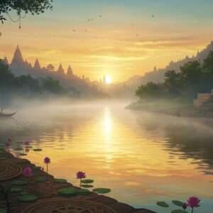 A serene landscape depicting the ancient Hydaspes River flowing gracefully through a lush, verdant valley. The river's waters are depicted with a surreal, ethereal glow, reflecting the golden and peacock blue hues of the sky at dawn. In the foreground, traditional Indian motifs such as lotus flowers and intricate patterns can be seen on the riverbanks, merging seamlessly with the natural scenery. In the background, ancient Indian architecture peeks through the mist, suggesting a blend of history and mystery. The scene is imbued with a tranquil, spiritual aura, drawing the viewer into a timeless journey through history. The art style combines traditional Indian artistic elements with modern digital aesthetics, capturing both the historical significance and the enigmatic beauty of the Hydaspes River.