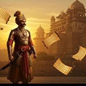 A regal Indian warrior, Prithviraj Chauhan, stands valiantly in traditional Rajput attire, complete with an ornate turban and armor, against the backdrop of a grand, ancient fort. The scene is bathed in a warm, golden light, highlighting intricate details of the architecture reminiscent of the Rajput era. The setting sun casts a serene glow, creating a harmonious blend of history and myth. Around him, a series of ethereal, glowing scrolls float in the air, symbolizing the timeless literary influence of the Prithviraj Raso. The art style should be a fusion of traditional Indian art forms and modern digital aesthetics, with rich colors like saffron and maroon, alongside cultural motifs like mandalas subtly embedded into the scene. This composition exudes a sense of valor, history, and cultural pride.