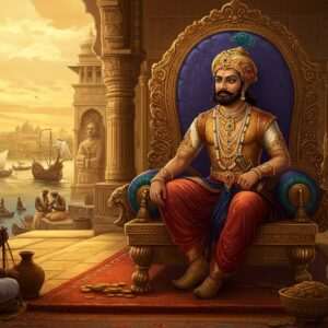 A majestic Indian king, Kumarapala, seated on a grand, ornate throne amidst an opulent court setting. He is dressed in royal attire with a traditional crown adorned with peacock feathers, showcasing the splendor of the Chaulukya dynasty. Surrounding him are intricate architectural elements inspired by Gujarat's rich heritage, such as carved pillars and arches. In the background, a harmonious blend of trade ships on a serene river and artisans crafting exquisite sculptures, symbolizing prosperity and cultural flourishing. The scene is bathed in a warm, golden glow, highlighting the richness of colors—deep maroon, saffron, and peacock blue—reflecting both historical grandeur and modern digital aesthetics. The art style is a fusion of Madhubani and Phad with digital finesse, creating an engaging narrative of legacy and innovation.