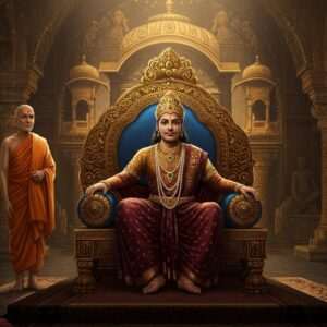 A regal scene depicting Kumarapala, the illustrious ruler of the Chaulukya dynasty, seated on an intricately carved throne in a grand palace setting. He is adorned in traditional royal attire with a richly embroidered maroon and gold robe, wearing a crown encrusted with jewels. The background features grandiose temple architecture, echoing the artistic splendor of the era. In the foreground, a serene Jain monk stands, symbolizing Kumarapala's religious inclination towards Jainism. Soft, ethereal lighting highlights the ornate patterns of the architecture, with lotus motifs subtly incorporated into the design. The color palette includes deep golds, maroons, and peacock blues, with a touch of modern digital aesthetics to create a harmonious blend of tradition and innovation.