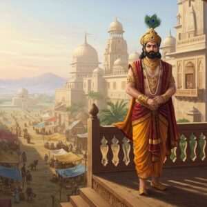 An ethereal digital illustration depicting Lakshmana Sena, a regal Indian ruler, standing majestically atop a grand ancient palace balcony. He is adorned in traditional royal attire with intricate gold patterns, a prominent crown with peacock feather embellishments, and a richly embroidered maroon and saffron robe. His expression is one of wisdom and strength. The backdrop showcases an expansive view of his prosperous kingdom, with bustling marketplaces and lush landscapes. The palace architecture blends Pala-Sena style with modern digital aesthetics, featuring ornate carvings and lotus motifs. Soft pastel hues of dawn envelop the scene, casting a warm golden glow over the majestic setting. The atmosphere is a harmonious blend of historical grandeur and serene spirituality, drawing the viewer into the legacy of Lakshmana Sena.