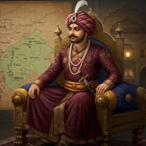 An intricate, digitally illustrated scene of Muzaffar Shah III, the last Sultan of Gujarat, depicted with regal dignity. He is seated on a lavishly adorned throne, dressed in opulent traditional attire with deep maroon and gold hues, intricate embroidery, and a prominent turban. His expression is contemplative, reflecting the weight of his reign. Surrounding him are elements symbolizing his rule: a detailed map of the Gujarat Sultanate subtly visible in the background, alongside cultural artifacts like ornate arches and calligraphy patterns. The scene is illuminated with soft, warm lighting, giving it an ethereal and serene quality. The art style blends traditional Indian motifs with a modern digital aesthetic, incorporating intricate patterns reminiscent of Madhubani and Phad art forms, in a harmonious palette of deep colors and soft pastels. This image embodies the rich historical legacy and cultural impact of Muzaffar Shah III.