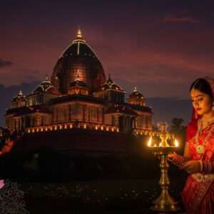 A breathtaking depiction of the Kamakhya Temple perched on the Nilachal Hill, enveloped in an ethereal glow under the twilight sky. The temple's iconic dome is adorned with intricate patterns reminiscent of traditional Indian art forms, blending Madhubani and Pattachitra styles with modern digital aesthetics. Rich, deep colors like maroon and peacock blue dominate the scene, while soft, glowing lights highlight the temple's sacred architecture. In the foreground, a serene priestess dressed in a traditional Assamese mekhela chador, adorned with gold jewelry, performs a ritual with a brass lamp, its flames flickering gently. Lotus flowers and subtle mandala patterns float around her, adding to the mystical aura. The atmosphere is tranquil yet charged with spiritual energy, inviting the viewer to uncover the secrets of this ancient sanctuary.