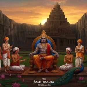 A grand scene depicting the Rashtrakuta Dynasty's architectural marvels and cultural splendor. At the center, a majestic Rashtrakuta king in traditional attire with a regal crown, seated on an ornate throne adorned with intricate carvings. Surrounding him are advisors and scholars, all dressed in traditional Indian garments, engaged in discussions. The background showcases the magnificent rock-cut Kailasa Temple of Ellora with its exquisite carvings and sculptures, glowing softly under the warm golden light of a setting sun. In the foreground, lush gardens with lotus flowers and peacocks add to the opulence. The art style blends traditional Indian motifs with modern digital aesthetics, featuring deep, rich colors like maroon and peacock blue, with a subtle touch of gold to highlight the grandeur. The scene evokes a sense of historical depth and cultural richness, inviting readers to explore the legacy of the Rashtrakutas.