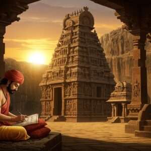 A majestic scene showcasing the grandeur of the Rashtrakuta dynasty, set against an ancient Indian architectural backdrop reminiscent of the Ellora caves. The focus is on a grand stone temple adorned with intricate carvings and sculptures, depicting scenes from Hindu mythology and everyday life during the Rashtrakuta era. In the foreground, a regal Indian scholar in traditional attire is seen meticulously writing on a palm-leaf manuscript, symbolizing the literary advancements of the time. The setting sun bathes the scene in warm golden hues, casting long shadows and adding a touch of mysticism. The art style merges traditional Indian art forms with modern digital aesthetics, featuring rich colors like maroon and peacock blue, and intricate patterns. There is an overall sense of historical richness and cultural depth, capturing the lasting impact of the Rashtrakutas on Indian culture.