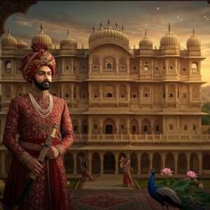 A majestic scene depicting the regal legacy of Alwar State. At the forefront, an intricately dressed Indian Maharaja with a grand turban and an elegant sword, standing in front of the stunning facade of the Alwar City Palace. The architecture is detailed, showcasing the palace's intricate carvings and arched balconies, highlighted by warm, golden sunlight. Surrounding the Maharaja are elements of traditional Indian culture—peacocks, lotus flowers, and rich tapestries. The color palette includes deep maroon, gold, and peacock blue, with subtle digital enhancements to give a modern aesthetic. In the background, rolling hills of Rajasthan can be seen under a serene sky. The overall tone conveys royalty, cultural richness, and historical depth.