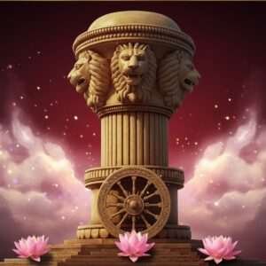 A majestic depiction of the Lion Capital of Ashoka, centered in the frame, showcasing its intricate carvings and regal lions. The lions are depicted with expressive faces, exuding strength and wisdom, against a backdrop of rich maroon and gold hues. The cylindrical base of the capital features the detailed wheel of dharma with 24 spokes, symbolizing law and order. Surrounding the capital are ethereal wisps of soft glowing lights in pastel colors, creating a serene aura. Stylized lotus flowers bloom at the base, representing purity and enlightenment. The art style merges traditional Indian aesthetics with modern digital design, capturing the timeless essence of this iconic symbol. The scene evokes a sense of historical significance, peace, and power, inviting viewers to delve deeper into its story.