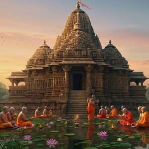 An ethereal depiction of the Tirthesvara Siva Temple, bathed in the soft glow of dawn light, with intricate carvings of Hindu deities and spiritual symbols adorning its ancient stone walls. The temple stands majestically amidst lush green foliage, with a serene lotus pond reflecting its grandeur. In the foreground, a group of Indian devotees in traditional attire (saffron, white) are engaged in a spiritual ritual, their faces illuminated by the warm glow of oil lamps. The sky is painted in pastel hues of pink and orange, adding a tranquil ambiance. The art style combines traditional Indian artistry with a modern digital touch, emphasizing the rich cultural heritage and spiritual essence of the temple.