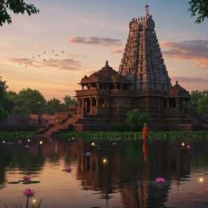 A serene depiction of the ancient Tirthesvara Siva Temple surrounded by lush greenery, captured in a mystical twilight setting. The temple's intricate carvings and architecture are highlighted in a fusion of traditional Indian art forms like Madhubani and Pattachitra, with a modern digital touch. In the foreground, a calm water surface reflects the temple, adorned with glowing lotus flowers and gentle ripples. Soft, ethereal lights illuminate the scene, creating a surreal and spiritual atmosphere. Rich colors such as maroon, saffron, and peacock blue dominate the palette, enhancing the temple's grandeur. The sky is adorned with subtle pastel hues and drifting clouds, evoking a sense of timelessness and tranquility. A lone Indian devotee in traditional attire stands in silent prayer, embodying a connection to the divine amidst this harmonious setting.