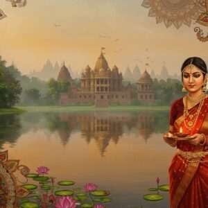 A serene depiction of the Ujjayanta Palace in Tripura, surrounded by lush greenery and calm reflective water, with a majestic glow of early morning light. In the foreground, intricate, colorful Madhubani and Pattachitra patterns weave through the scene, incorporating lotus flowers and traditional motifs. To the side, an elegantly dressed Indian woman in a traditional Tripuri attire stands gracefully, her expression serene and contemplative. She holds a small, ornate puja thali with a diya, its warm glow adding a soft light to her face. In the background, faint silhouettes of Tripura's ancient temples are visible, shrouded in a mystical mist. The art style is a harmonious blend of rich colors—saffron, maroon, peacock blue—and a modern digital aesthetic, embodying spirituality and cultural richness.