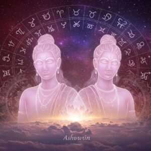 A serene and mystical scene depicting the Ashwin Nakshatra, featuring two ethereal figures resembling the Ashwini Kumaras, the celestial twin horsemen known for their healing and nurturing qualities in Vedic mythology. They are depicted with luminous skin, surrounded by a soft, pastel glow that radiates tranquility and wisdom. The background showcases a celestial sky with a vibrant array of zodiac symbols subtly interwoven in the stars. Rich colors like maroon and peacock blue are used to highlight the spiritual and astrological elements. Intricate mandalas and lotus patterns gracefully adorn the scene, reflecting a blend of traditional Indian art with modern digital aesthetics. The figures are dressed in contemporary attire with subtle traditional accents, exuding a sense of harmony and balance. The overall composition is calming and invites the viewer into a world of astrological exploration.