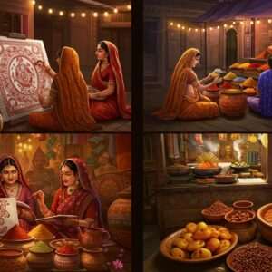 A vibrant and colorful street scene in Chadpur, bustling with life. Traditional Indian market stalls line the streets, displaying an array of spices, colorful textiles, and handcrafted pottery. In the background, there's a group of local women in traditional Madhubani-style attire, skillfully painting intricate patterns on a large canvas. The rich colors of maroon, saffron, and peacock blue dominate the scene. Nearby, a food stall emits aromatic steam, showcasing a variety of local delicacies like spicy curries and sweet jalebis. The atmosphere is lively and immersive, with a sense of cultural richness and culinary delight. Soft glowing lights enhance the ambiance, while subtle spiritual motifs, like lotus flowers and small mandalas, add a touch of serenity to the scene. The art style is a fusion of traditional and modern digital aesthetics, creating a captivating and inviting image.